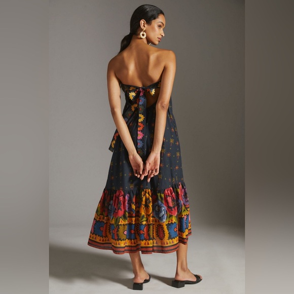 Farm Rio Anthropologie Embroidered Maxi Strapless Tie Back Dress - Picture 3 of 12